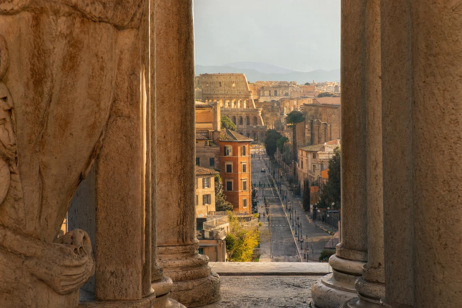 Il Colosseo incorniciato dalle colonne di via Monte Tarpeo visto dal Campidoglio