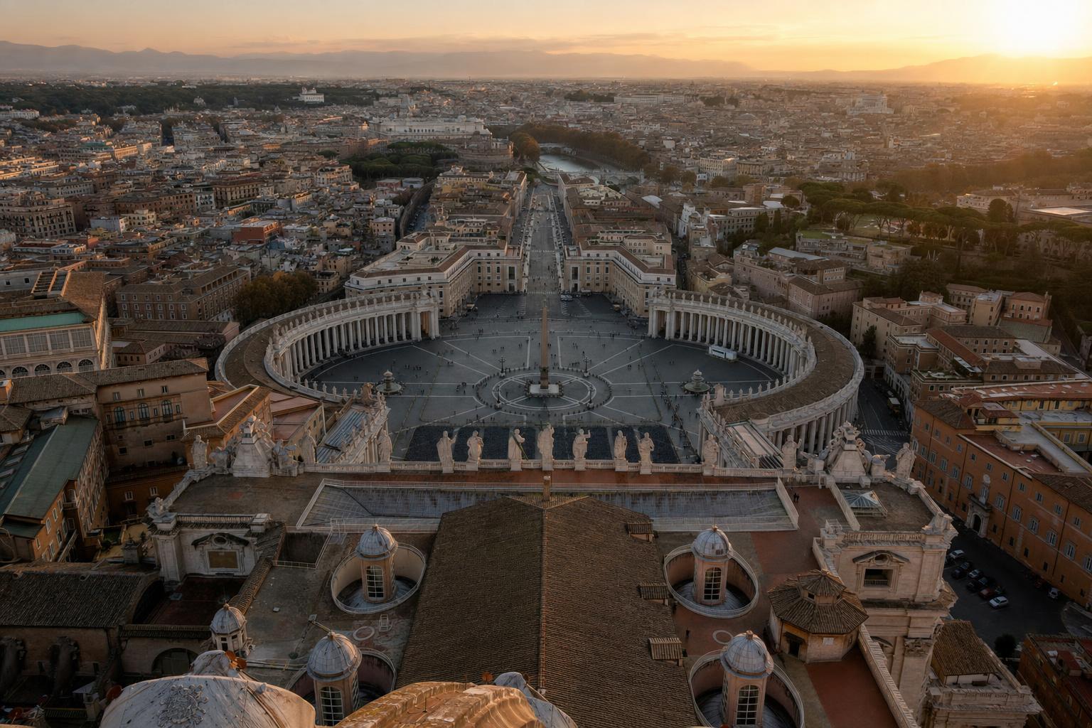 Veduta dall'alto di piazza San Pietro con il colonnato del Bernini dalla cupola della Basilica