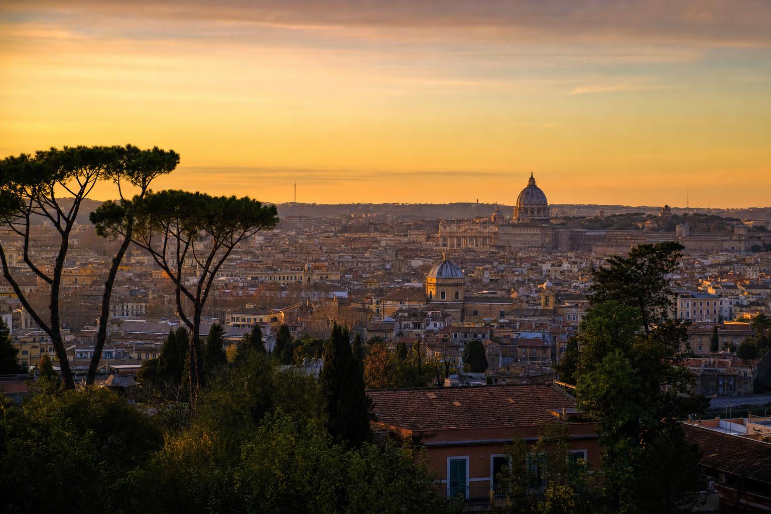 Panorama dello skyline di Roma dal belvedere del Gianicolo al tramonto