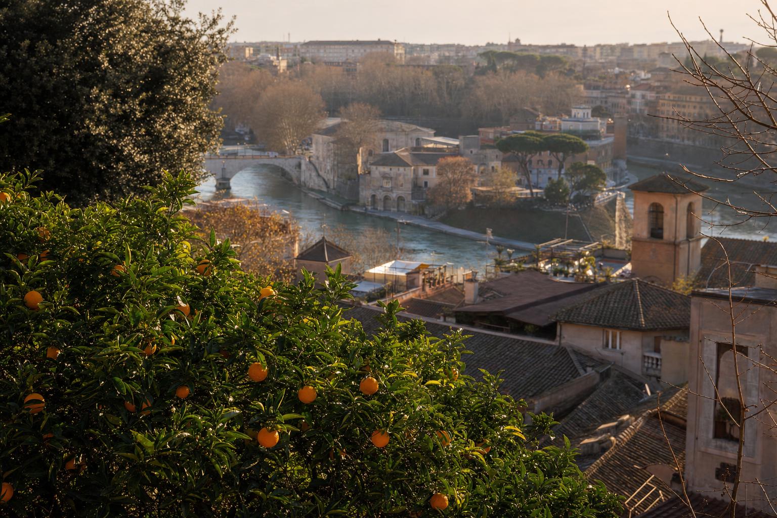 Vista su Trastevere e sul Tevere dalla terrazza del Giardino degli Aranci all'Aventino